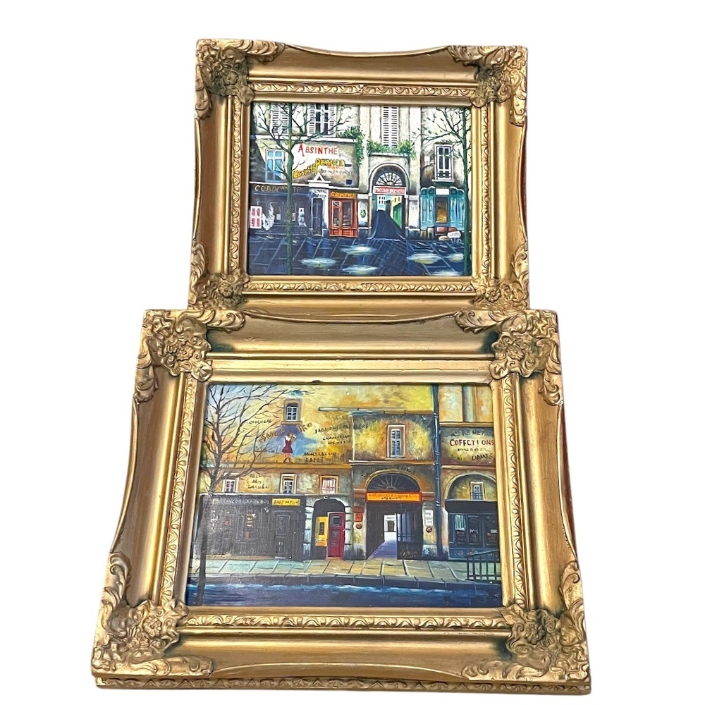 Pair Of Hand Painted Oil Painting Parisian StorefrontsWith Gold‎ Ornate Frame